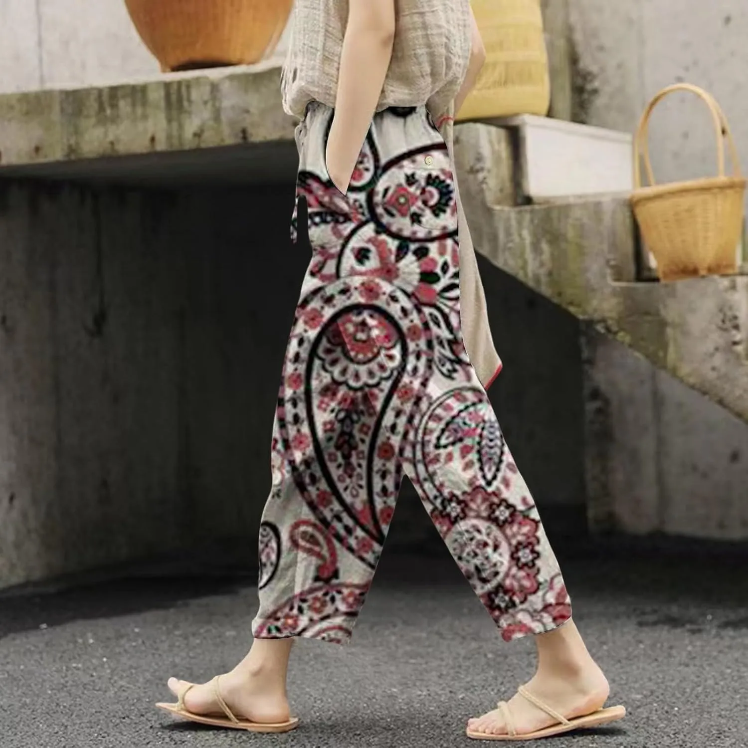 Linen Pant for Women 2025 Summer High Waist Elastic Straight Leg Lounge Pant Loose Casual Lightweight Beach Trousers