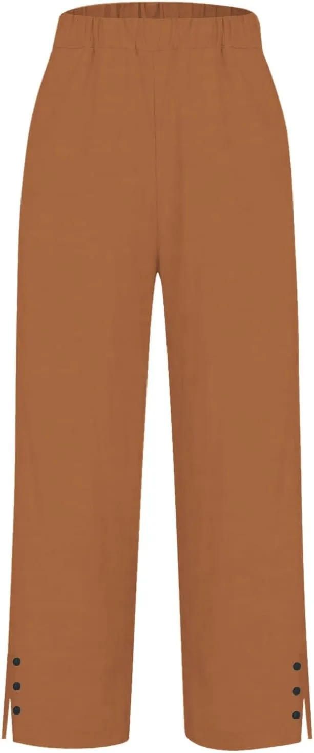 Linen Pants for Women Petite Elastic Trousers Cotton Casual Loose Linen Beach Pants Summer Vacatio Outfit