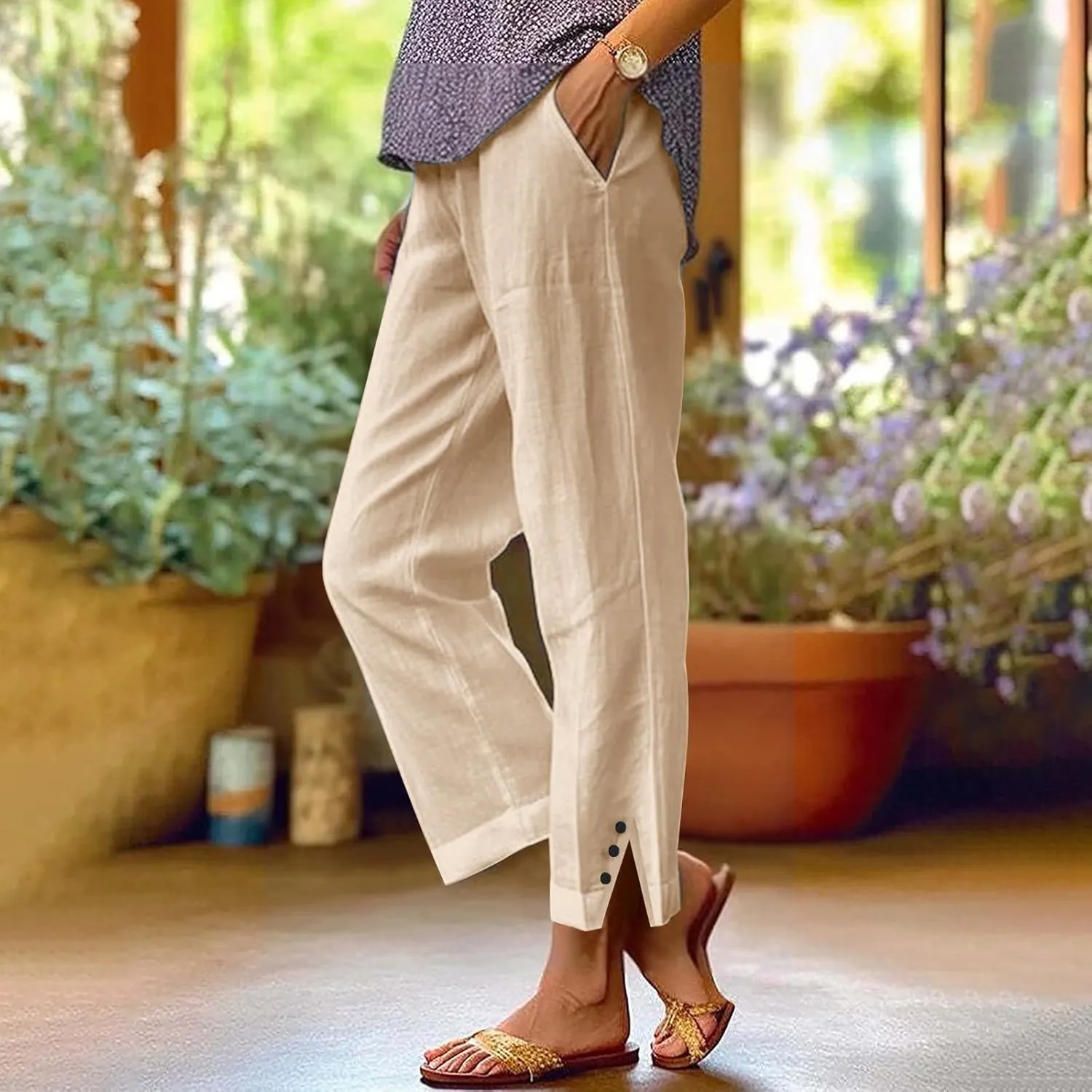 Linen Pants for Women Petite Elastic Trousers Cotton Casual Loose Linen Beach Pants Summer Vacatio Outfit