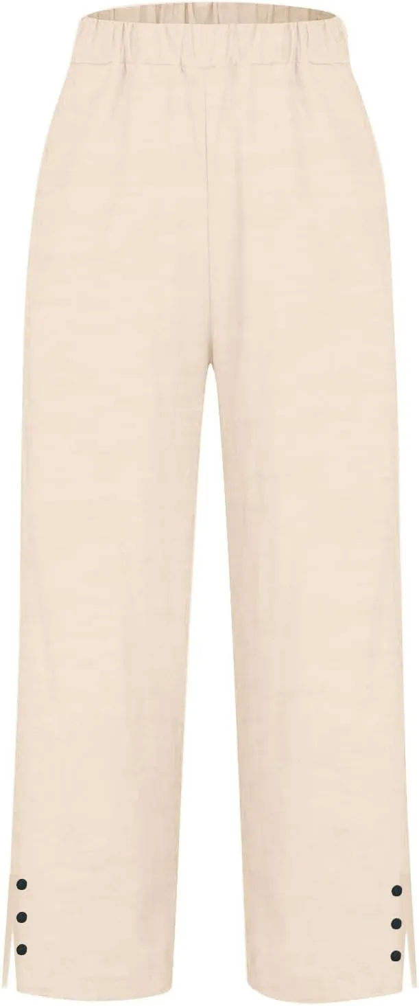 Linen Pants for Women Petite Elastic Trousers Cotton Casual Loose Linen Beach Pants Summer Vacatio Outfit