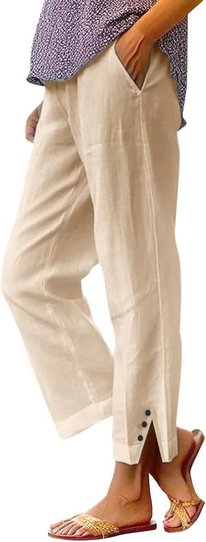 Linen Pants for Women Petite Elastic Trousers Cotton Casual Loose Linen Beach Pants Summer Vacatio Outfit