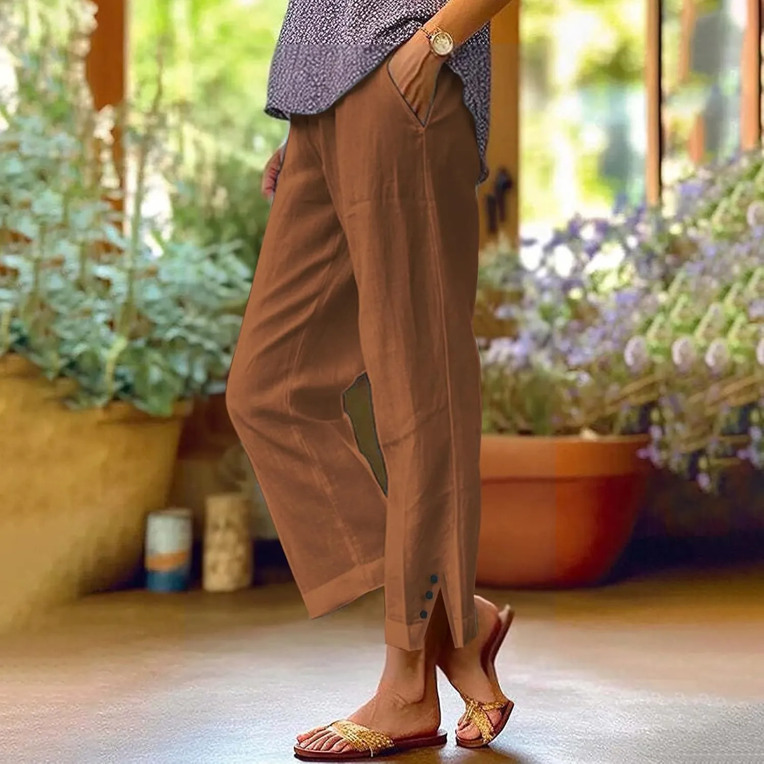 Linen Pants for Women Petite Elastic Trousers Cotton Casual Loose Linen Beach Pants Summer Vacatio Outfit