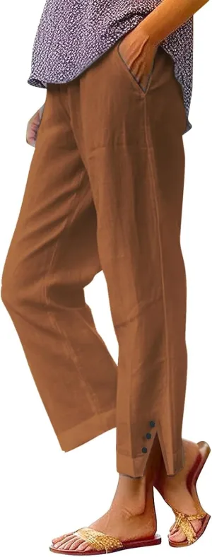 Linen Pants for Women Petite Elastic Trousers Cotton Casual Loose Linen Beach Pants Summer Vacatio Outfit