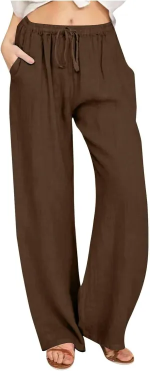 Linen Pants for Women Summer High Waist Lounge Pants Plus Size Comfy Palazzo Trousers Flowy Wide Leg Trousers 2025