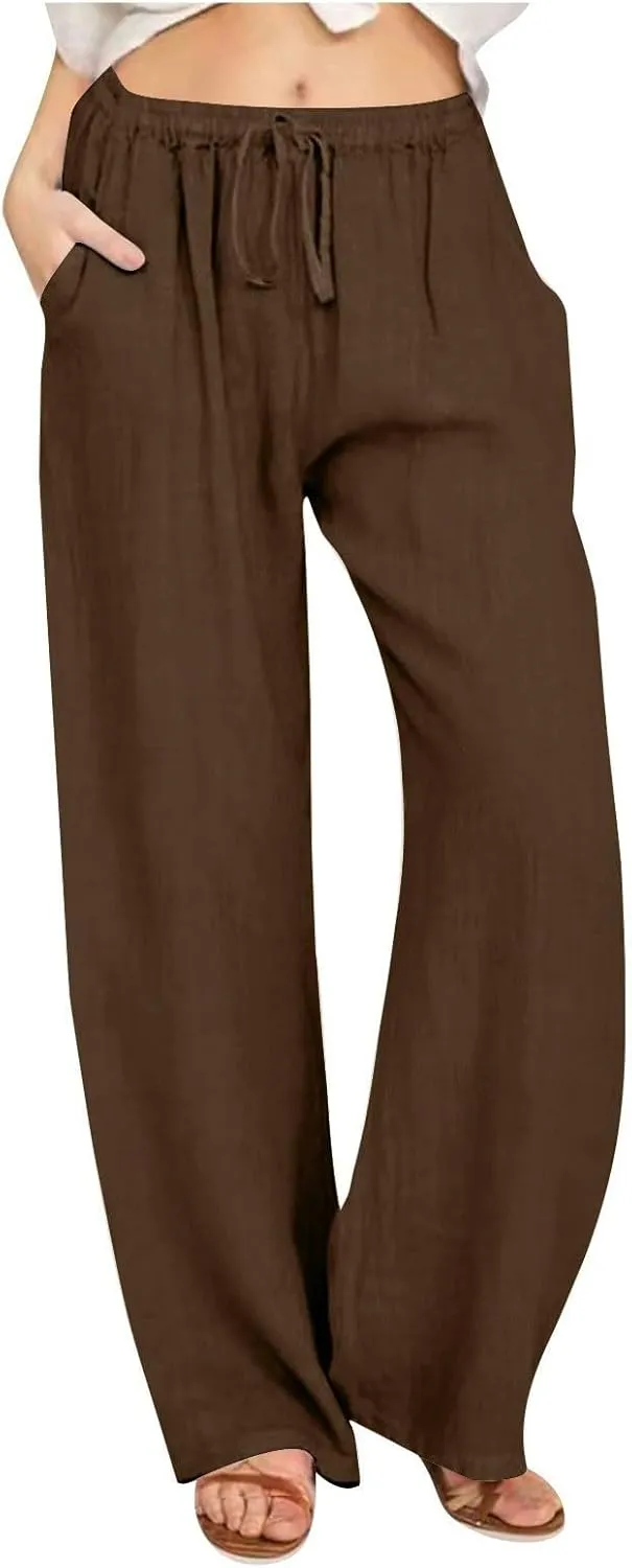 Linen Pants for Women Summer High Waist Lounge Pants Plus Size Comfy Palazzo Trousers Flowy Wide Leg Trousers 2025