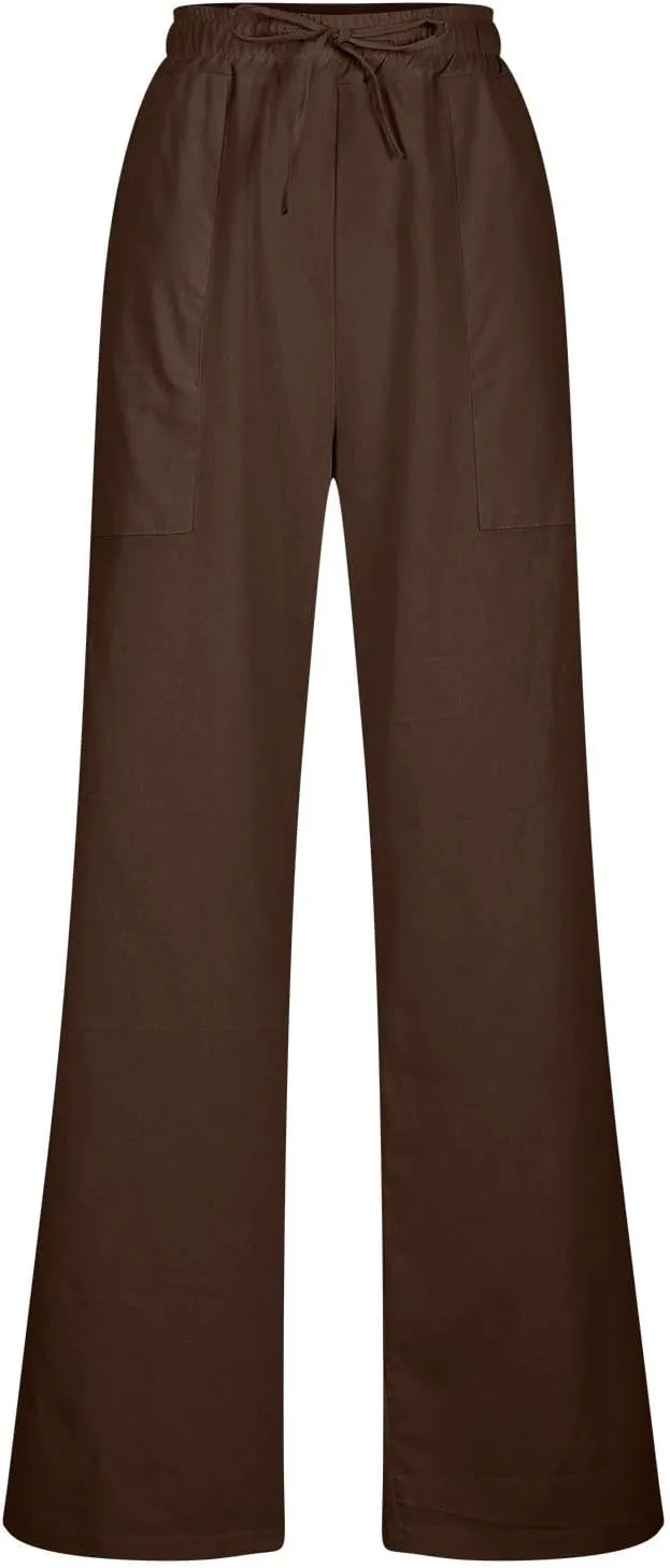 Linen Pants Women 2025 Summer High Waist Elastic Long Pant Straight Leg Lounge Pants Casual Lightweight Trousers