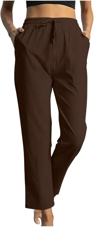 Linen Pants Women 2025 Summer High Waist Elastic Long Pant Straight Leg Lounge Pants Casual Lightweight Trousers