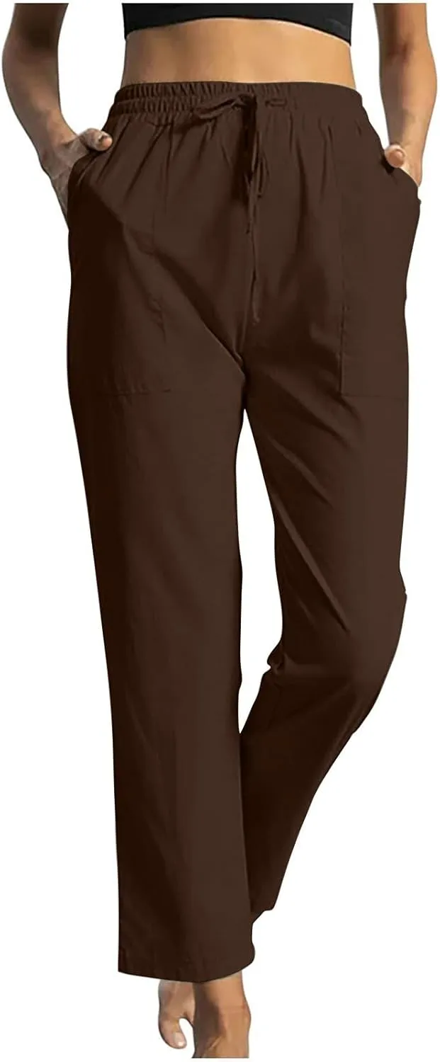 Linen Pants Women 2025 Summer High Waist Elastic Long Pant Straight Leg Lounge Pants Casual Lightweight Trousers