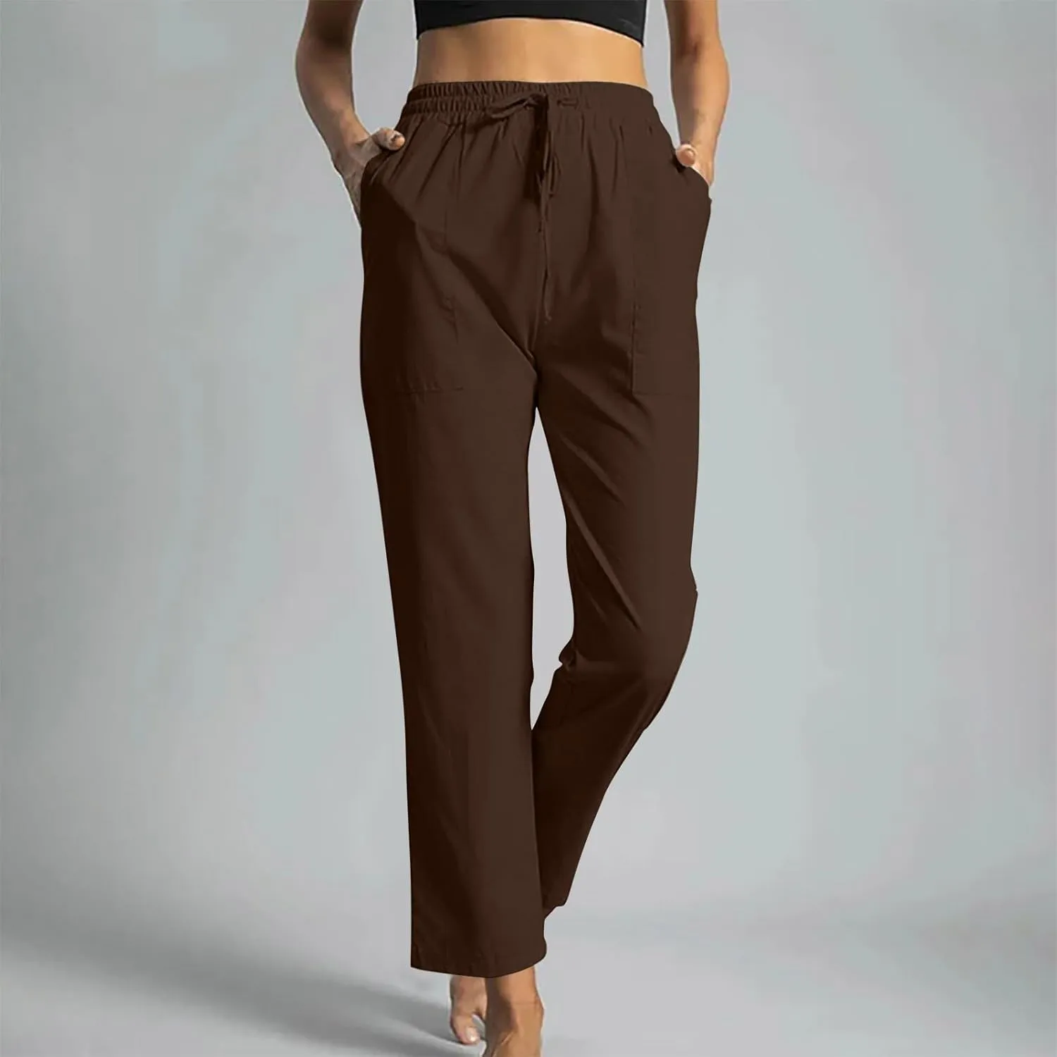 Linen Pants Women 2025 Summer High Waist Elastic Long Pant Straight Leg Lounge Pants Casual Lightweight Trousers