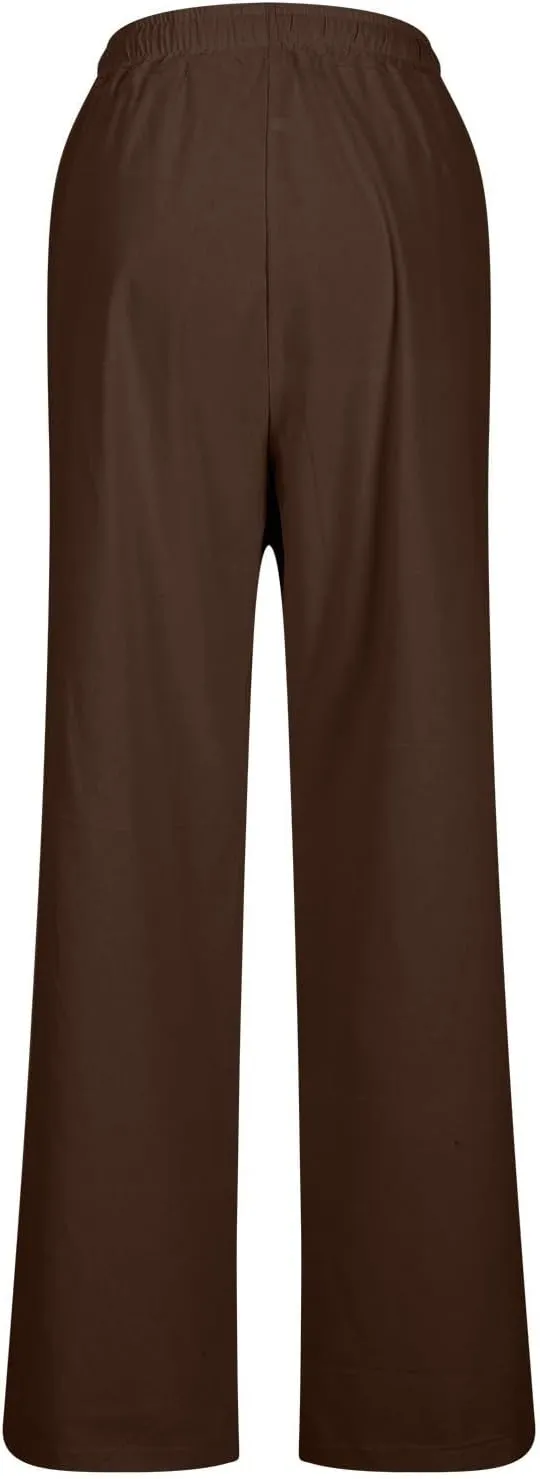 Linen Pants Women 2025 Summer High Waist Elastic Long Pant Straight Leg Lounge Pants Casual Lightweight Trousers