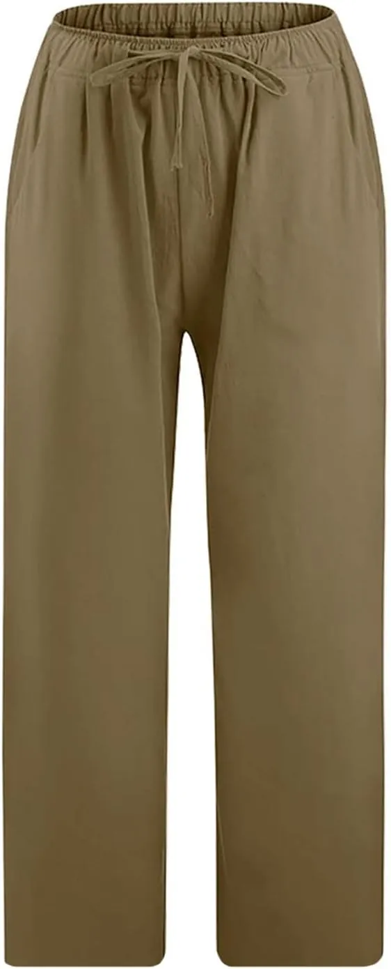 Linen Pants Women Casual Cotton Drawstring Mid Rise Wide Leg Trousers Lightweight Summer Beach Palazzo Capris Pants