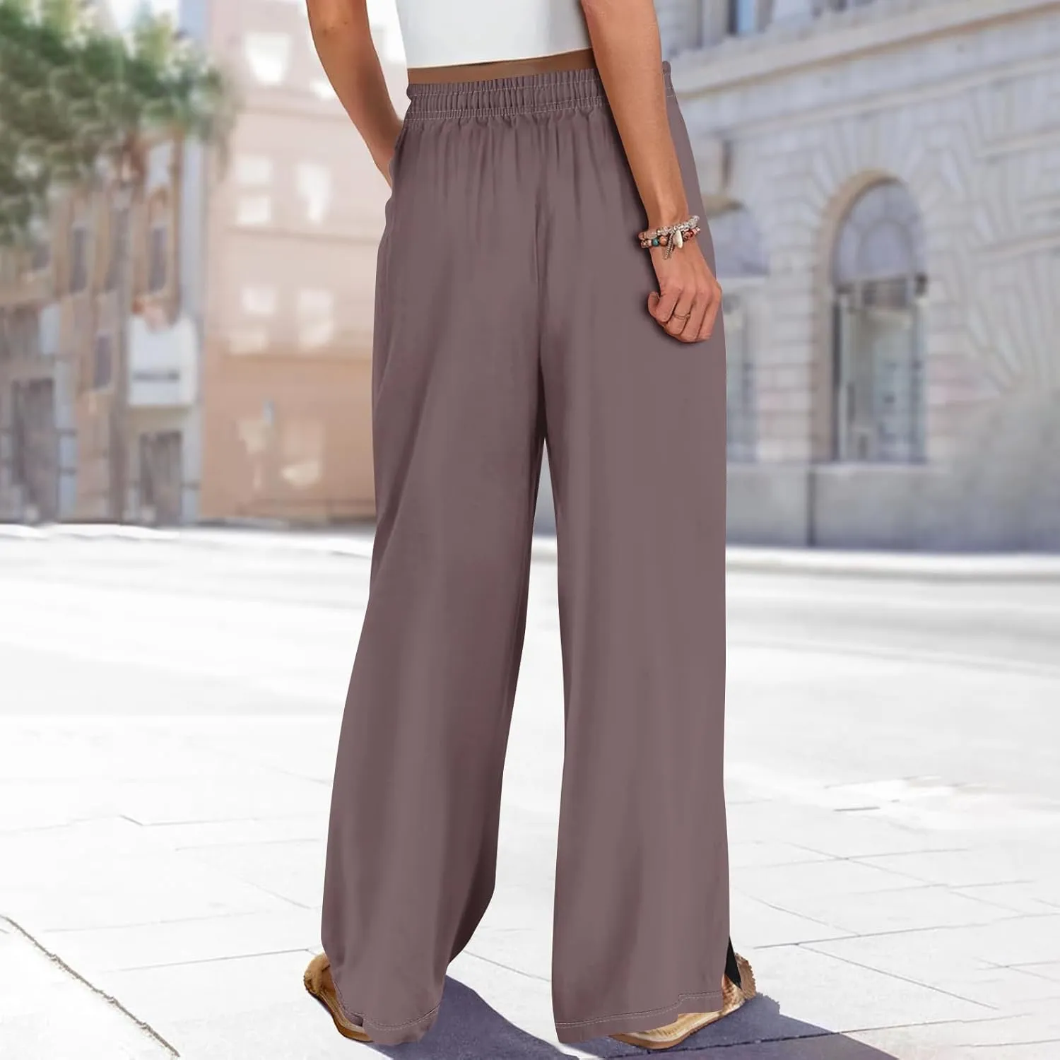 Linen Pants Women High Waisted Wide Leg Pants Drawstring Palazzo Lounge Pant Summer Beach Vacation Trousers