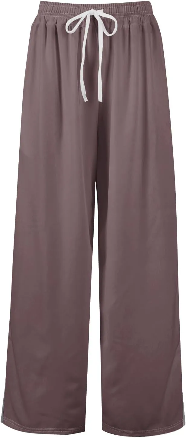 Linen Pants Women High Waisted Wide Leg Pants Drawstring Palazzo Lounge Pant Summer Beach Vacation Trousers