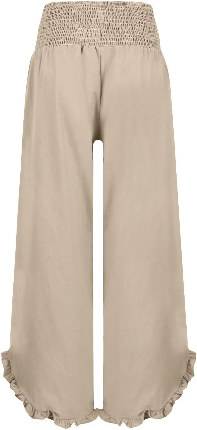 Linen Pants Women Summer Baggy Wide Leg Flowy Beach Pants Elastic High Waisted Tummy Control Vacation Pants with Pockets