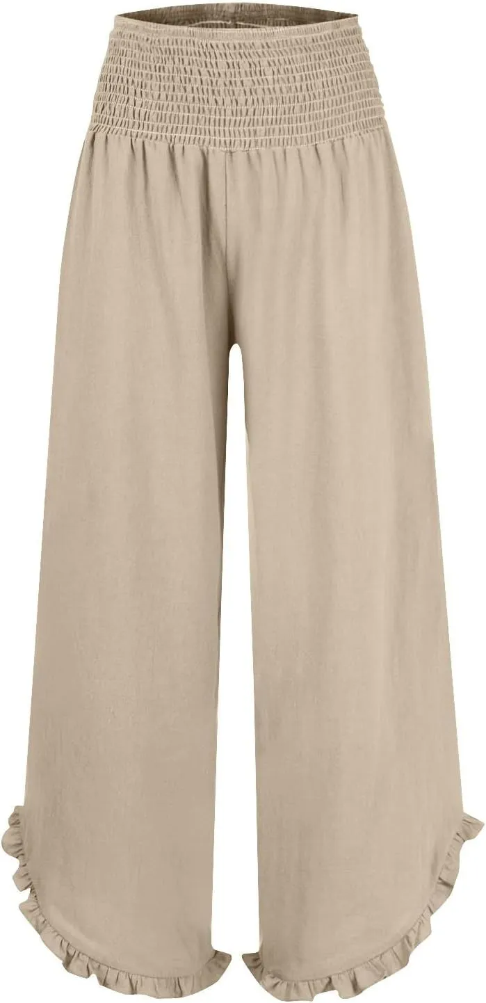 Linen Pants Women Summer Baggy Wide Leg Flowy Beach Pants Elastic High Waisted Tummy Control Vacation Pants with Pockets