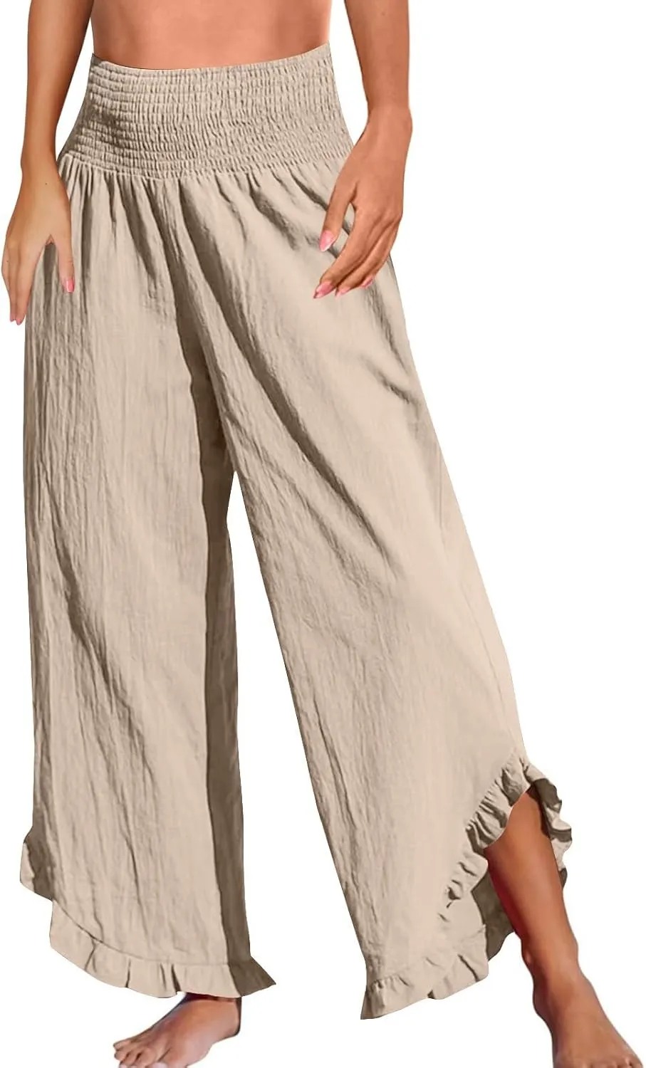 Linen Pants Women Summer Baggy Wide Leg Flowy Beach Pants Elastic High Waisted Tummy Control Vacation Pants with Pockets
