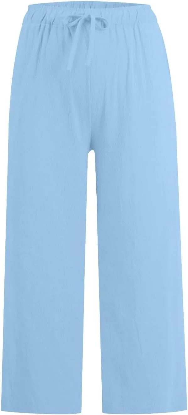 Linen Pants Women Summer Cotton Linen Capris 2025 Wide Leg Boho Pants Drawstring Vacation Beach Cropped Trouser Capris