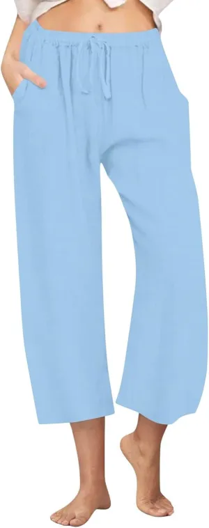 Linen Pants Women Summer Cotton Linen Capris 2025 Wide Leg Boho Pants Drawstring Vacation Beach Cropped Trouser Capris