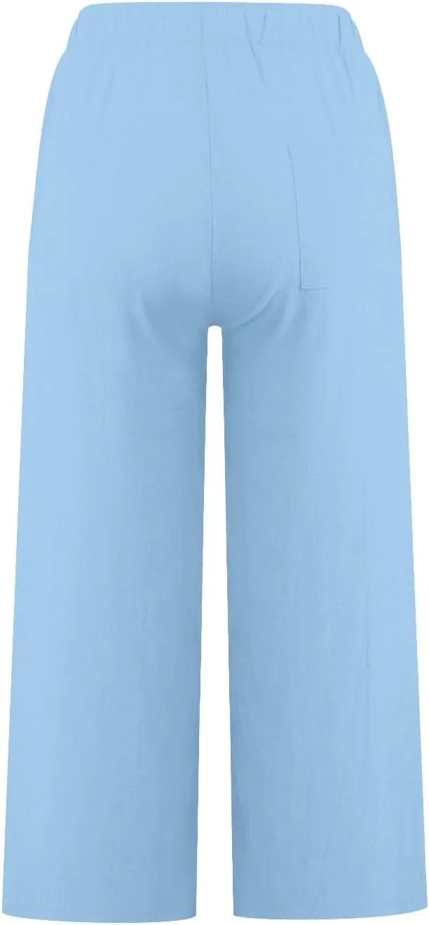 Linen Pants Women Summer Cotton Linen Capris 2025 Wide Leg Boho Pants Drawstring Vacation Beach Cropped Trouser Capris