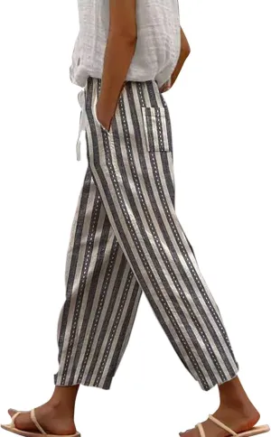 Linen Pants Women Summer Floral Solid Long Palazzo Pants High Waist Wide Leg Pant Trendy Lounge Beach Trousers with Pockets