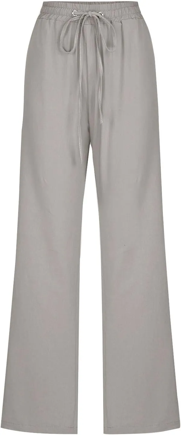 Linen Pants Women Vacation Casual Linen High Waist Pants Drawstring Loose Fit Summer Pants Trousers with Side Pockets