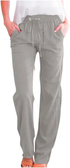 Linen Pants Women Vacation Casual Linen High Waist Pants Drawstring Loose Fit Summer Pants Trousers with Side Pockets
