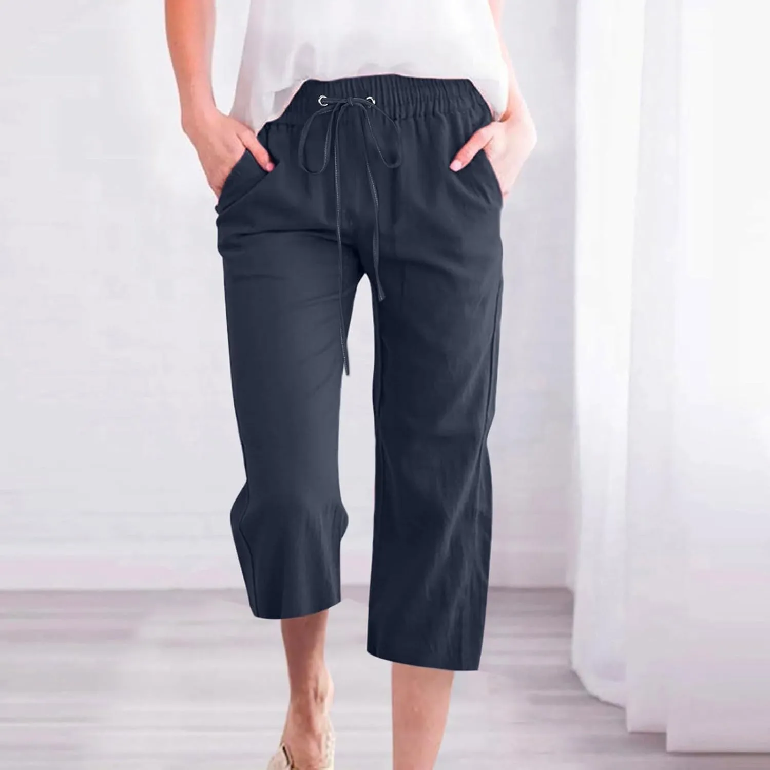 Linen Pants Women White Linen Pants Women Summer Pants 2024 Wide Leg Pants Woman Elastic Drastring Capris Trousers