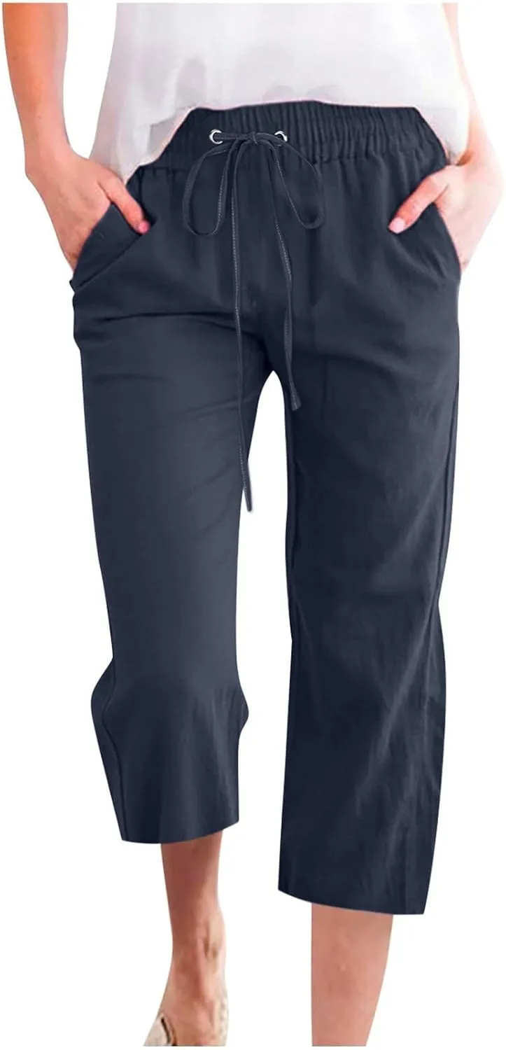 Linen Pants Women White Linen Pants Women Summer Pants 2024 Wide Leg Pants Woman Elastic Drastring Capris Trousers