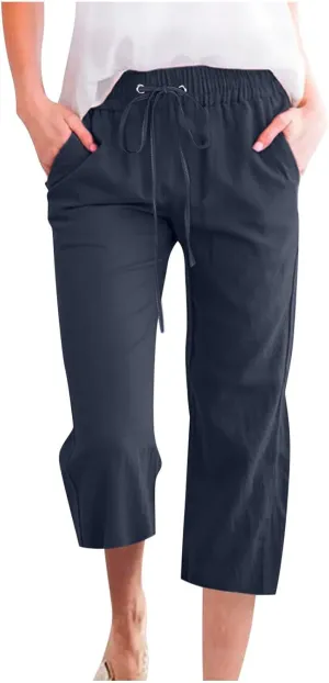 Linen Pants Women White Linen Pants Women Summer Pants 2024 Wide Leg Pants Woman Elastic Drastring Capris Trousers