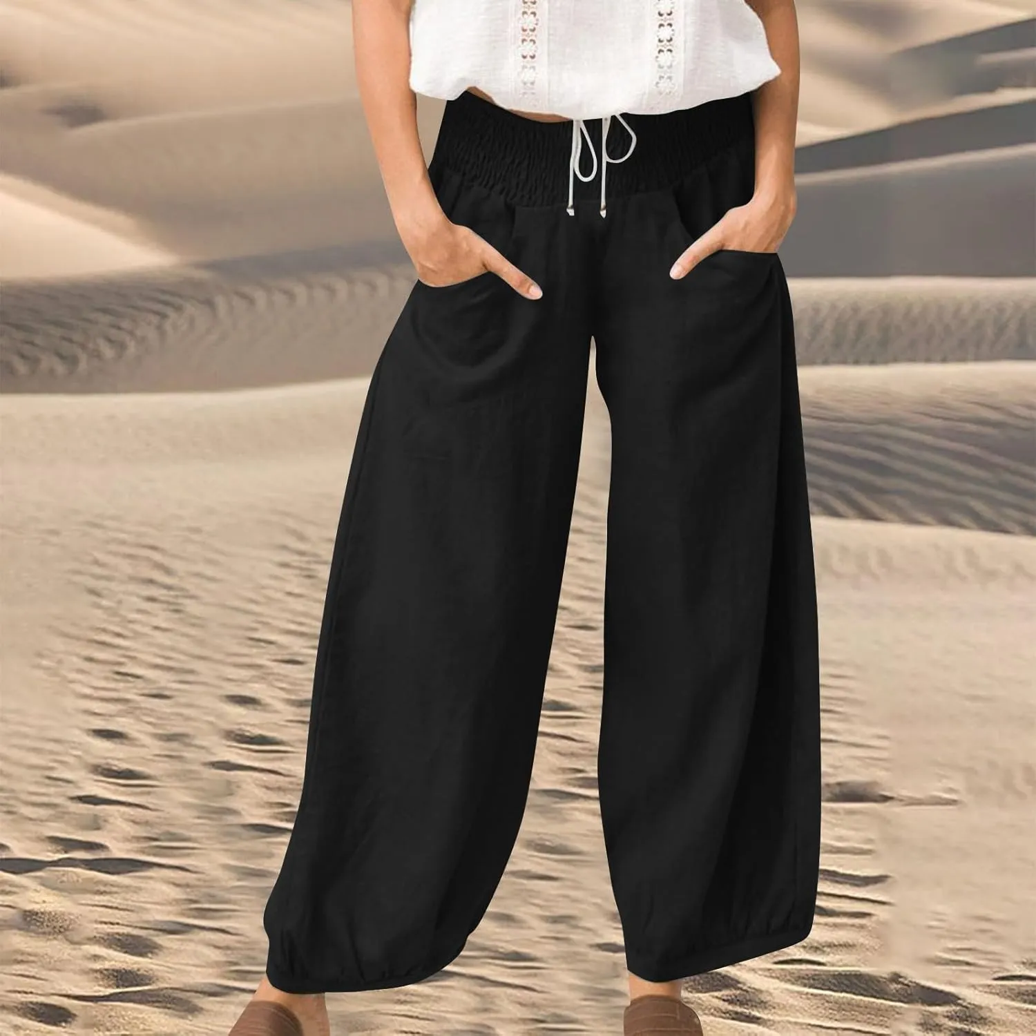 Linen Pants Women Wide Leg High Waisted Summer Harem Pants Loose Fit Lightweight Casual Palazzo Trousers with Pockets