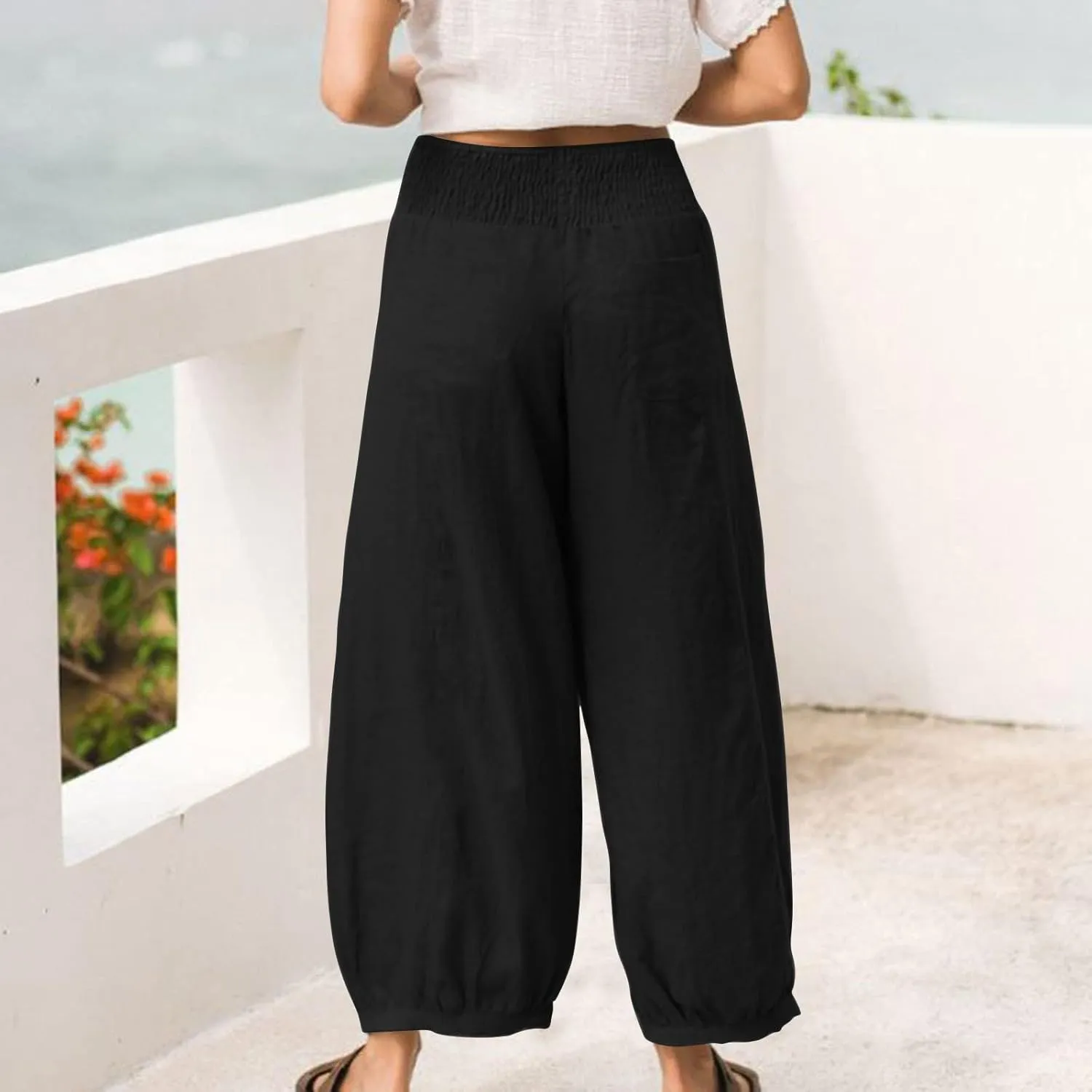 Linen Pants Women Wide Leg High Waisted Summer Harem Pants Loose Fit Lightweight Casual Palazzo Trousers with Pockets