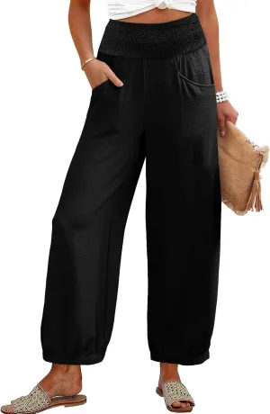 Linen Pants Women Wide Leg High Waisted Summer Harem Pants Loose Fit Lightweight Casual Palazzo Trousers with Pockets