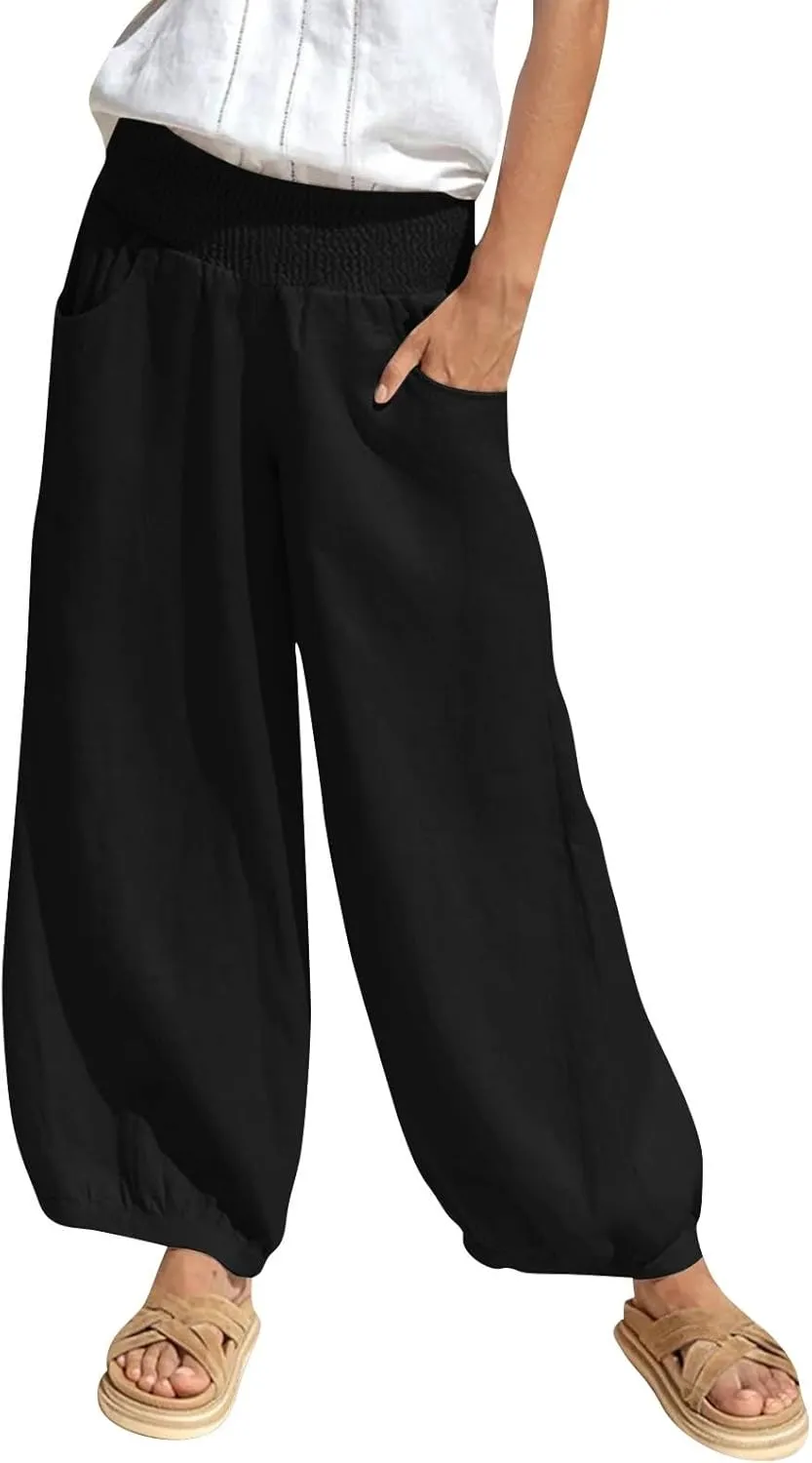 Linen Pants Women Wide Leg High Waisted Summer Harem Pants Loose Fit Lightweight Casual Palazzo Trousers with Pockets