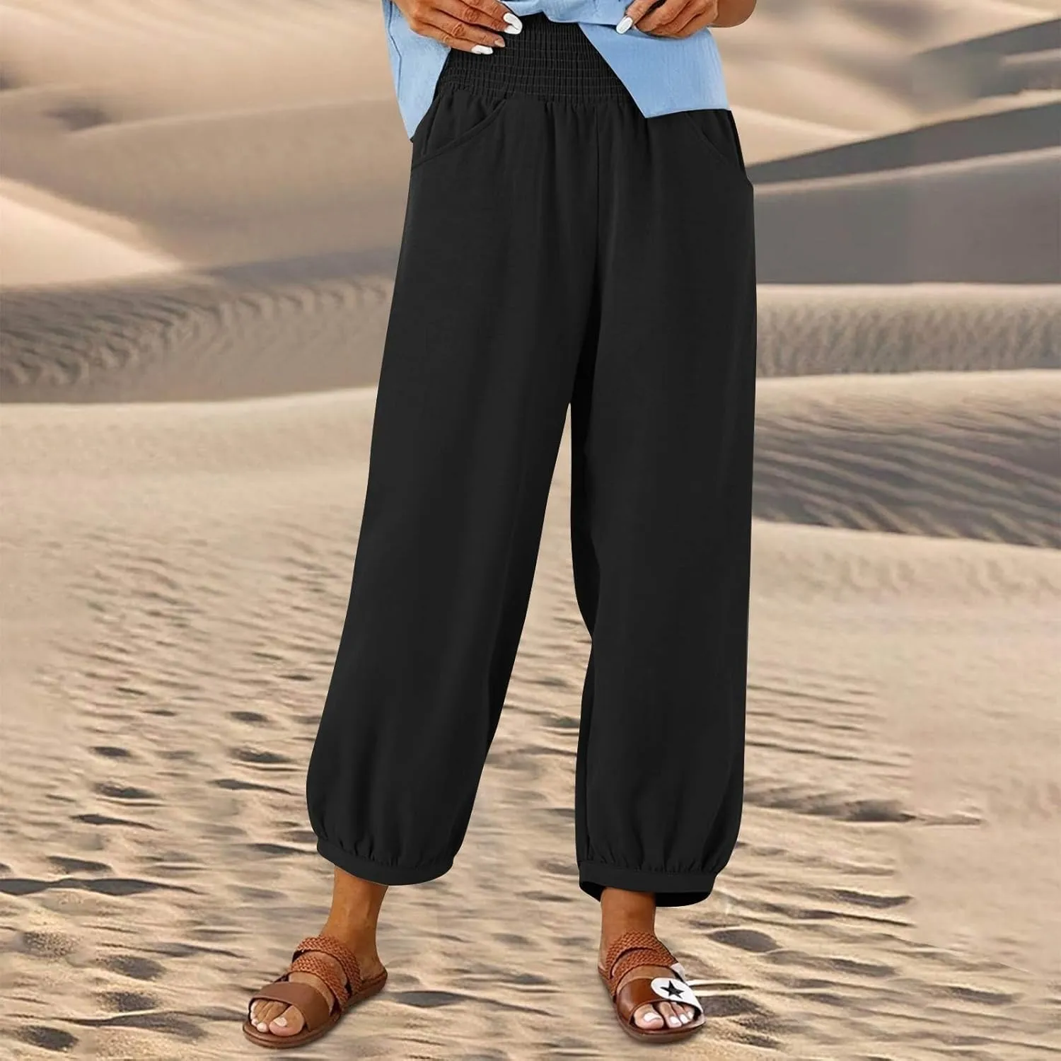 Linen Pants Women Wide Leg High Waisted Summer Harem Pants Loose Fit Lightweight Casual Palazzo Trousers with Pockets