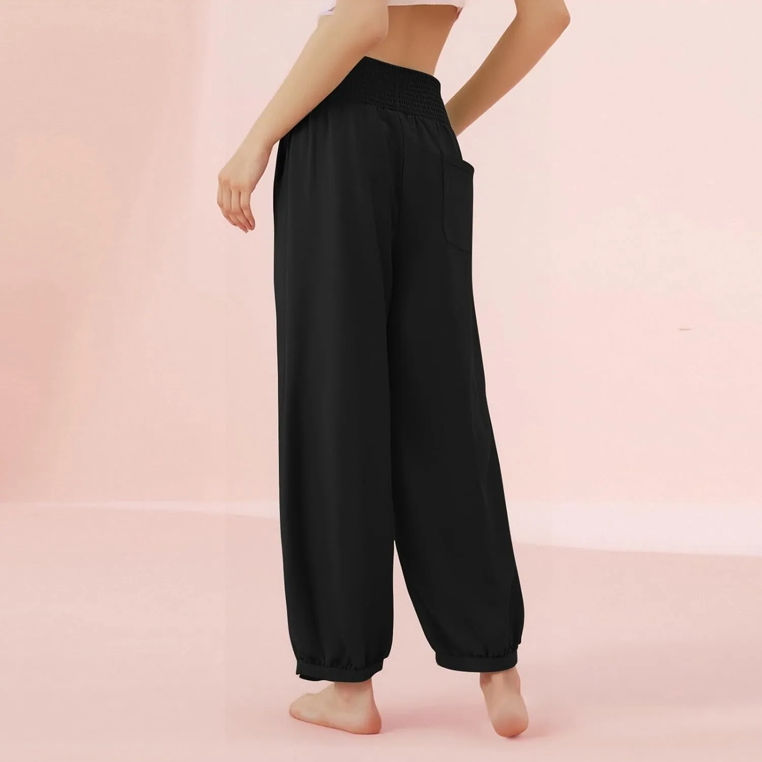 Linen Pants Women Wide Leg High Waisted Summer Harem Pants Loose Fit Lightweight Casual Palazzo Trousers with Pockets