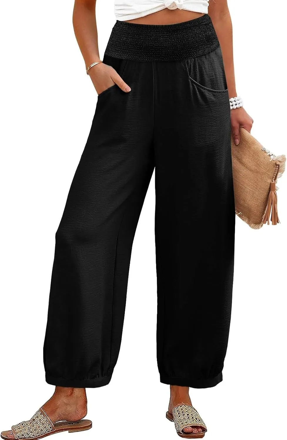 Linen Pants Women Wide Leg High Waisted Summer Harem Pants Loose Fit Lightweight Casual Palazzo Trousers with Pockets