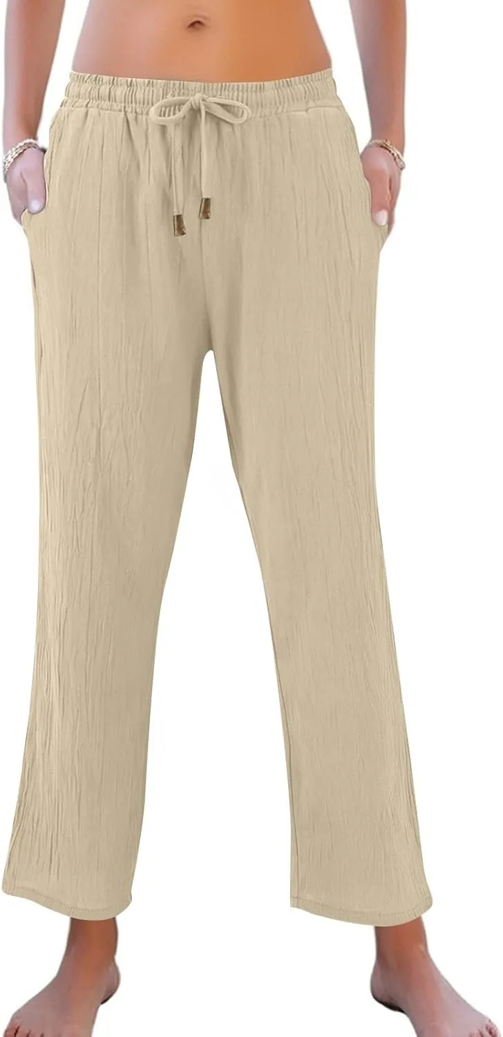 Linen Pants Women Wide Leg Loose High Waisted Summer Casual Palazzo Pants Trendy Flowy Straight Leg Beach Capri Pant