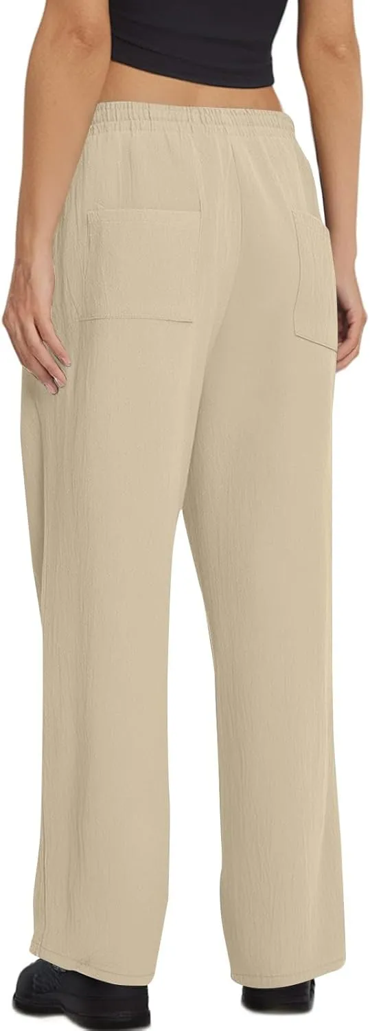 Linen Pants Women Wide Leg Loose High Waisted Summer Casual Palazzo Pants Trendy Flowy Straight Leg Beach Capri Pant