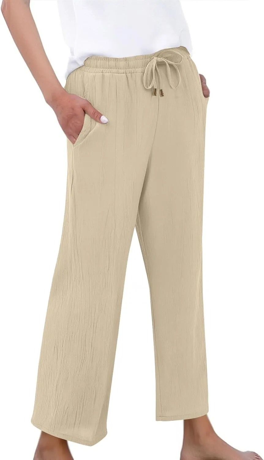 Linen Pants Women Wide Leg Loose High Waisted Summer Casual Palazzo Pants Trendy Flowy Straight Leg Beach Capri Pant