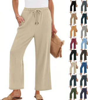 Linen Pants Women Wide Leg Loose High Waisted Summer Casual Palazzo Pants Trendy Flowy Straight Leg Beach Capri Pant