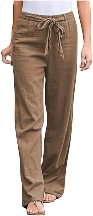 Linen Pants Women Wide Leg Yoga Pants for Women High Waisted Cargo Pants Women's Cotton Linen Casual Loose Drawstring