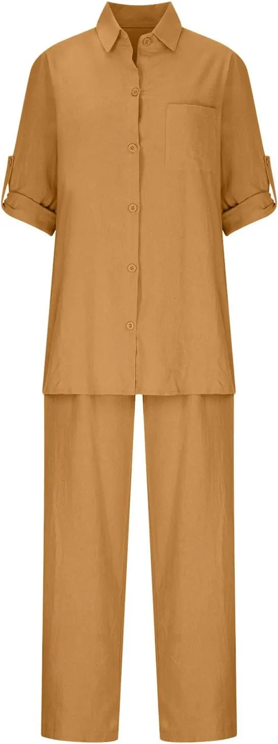 Linen Set for Women Summer 2 Piece Outfits Short Sleeve Shirt and Pants Set Wide Leg Lounge Set with Pockets