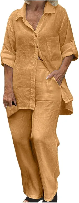 Linen Set for Women Summer 2 Piece Outfits Short Sleeve Shirt and Pants Set Wide Leg Lounge Set with Pockets