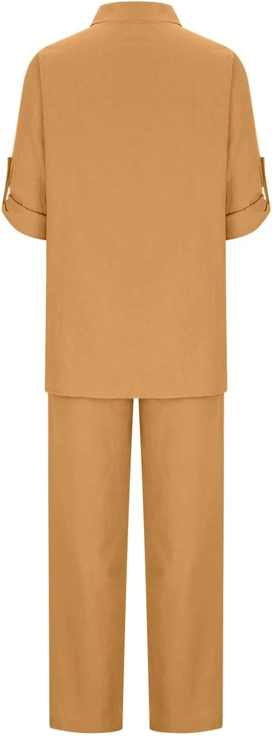 Linen Set for Women Summer 2 Piece Outfits Short Sleeve Shirt and Pants Set Wide Leg Lounge Set with Pockets