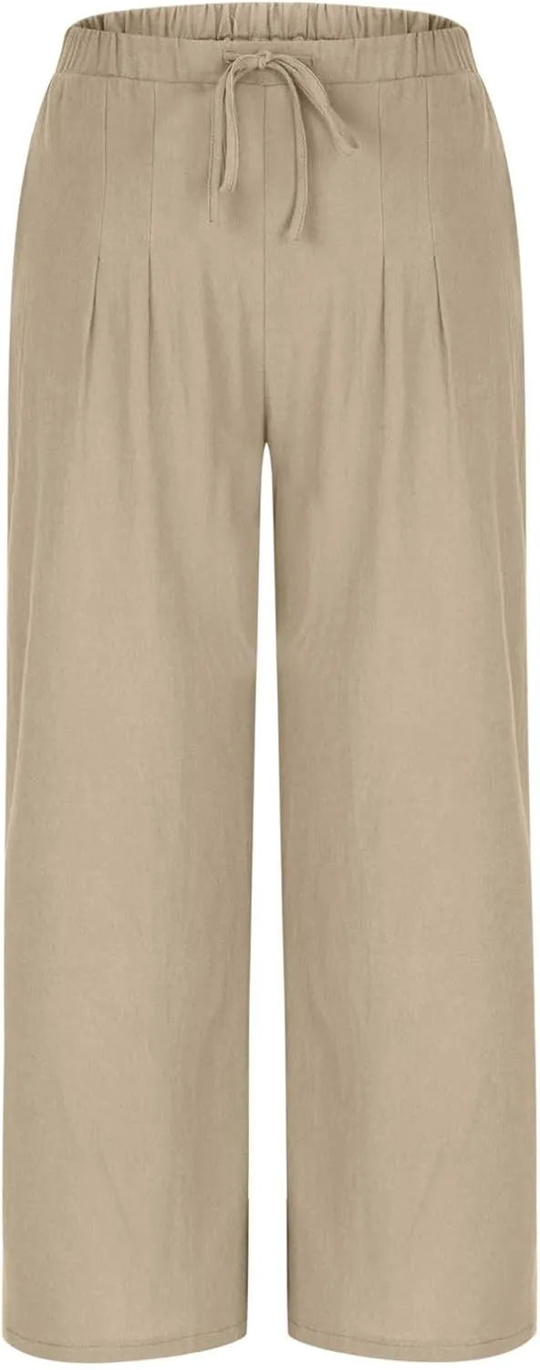 Linen Wide Leg Pants for Women Solid Color Baggy Palazzo Pants 2025 Summer Drawstring Elastic Waisted Trousers
