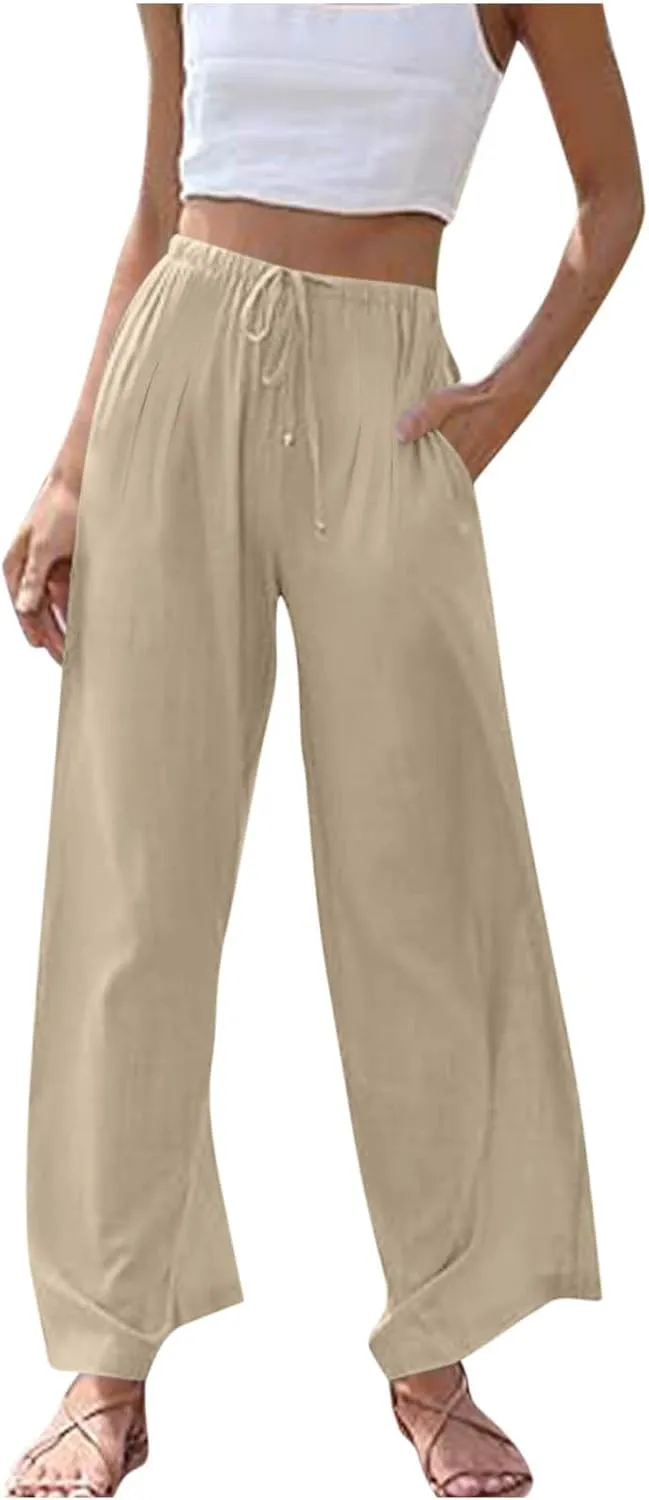 Linen Wide Leg Pants for Women Solid Color Baggy Palazzo Pants 2025 Summer Drawstring Elastic Waisted Trousers
