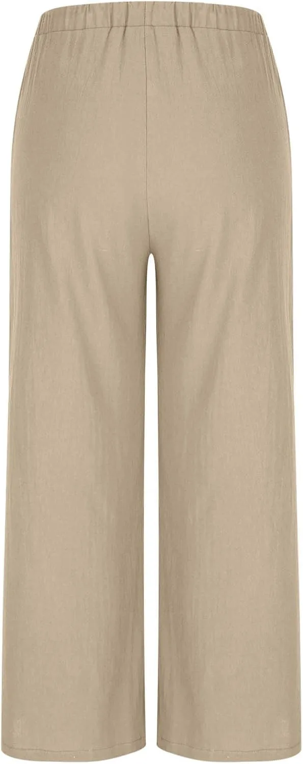 Linen Wide Leg Pants for Women Solid Color Baggy Palazzo Pants 2025 Summer Drawstring Elastic Waisted Trousers