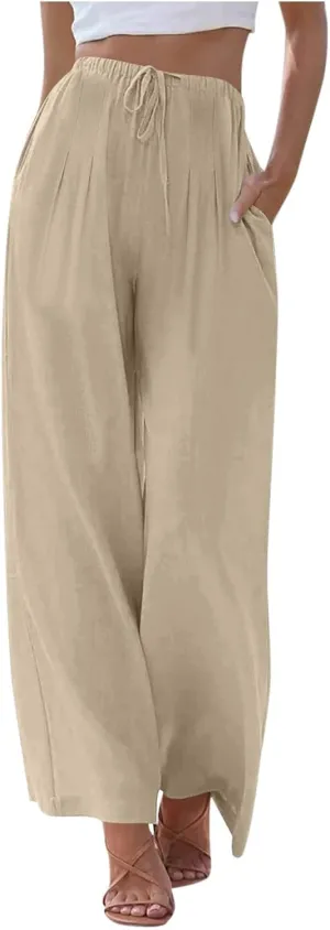 Linen Wide Leg Pants for Women Solid Color Baggy Palazzo Pants 2025 Summer Drawstring Elastic Waisted Trousers