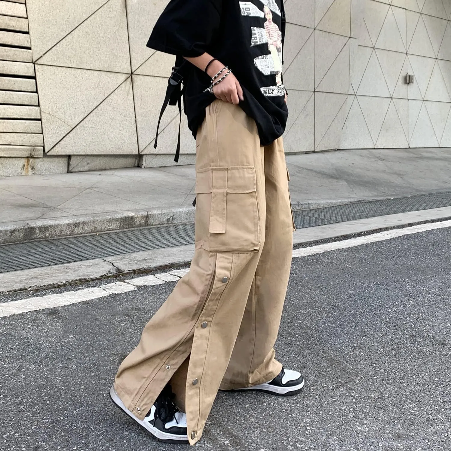 Linsennia Gothic Cargo Pants with Pockets for Men Women Girls Side Slit Baggy Streetwear Y2K Pants