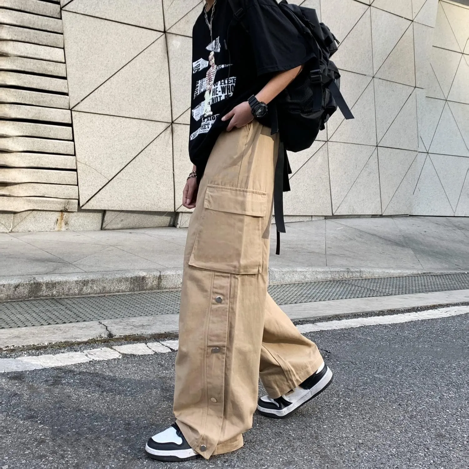 Linsennia Gothic Cargo Pants with Pockets for Men Women Girls Side Slit Baggy Streetwear Y2K Pants